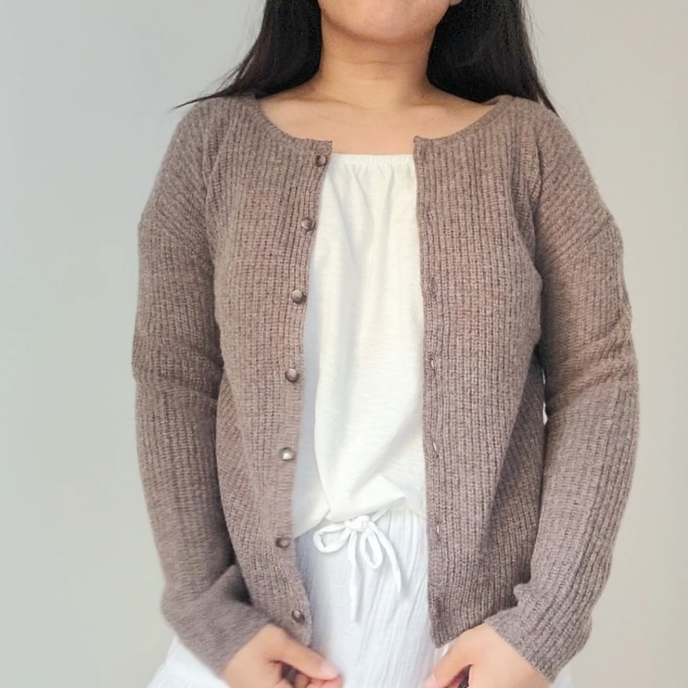NWT Quince 100% Yak Wool Soft Rib Crew Cardigan in Heather Brown, XS